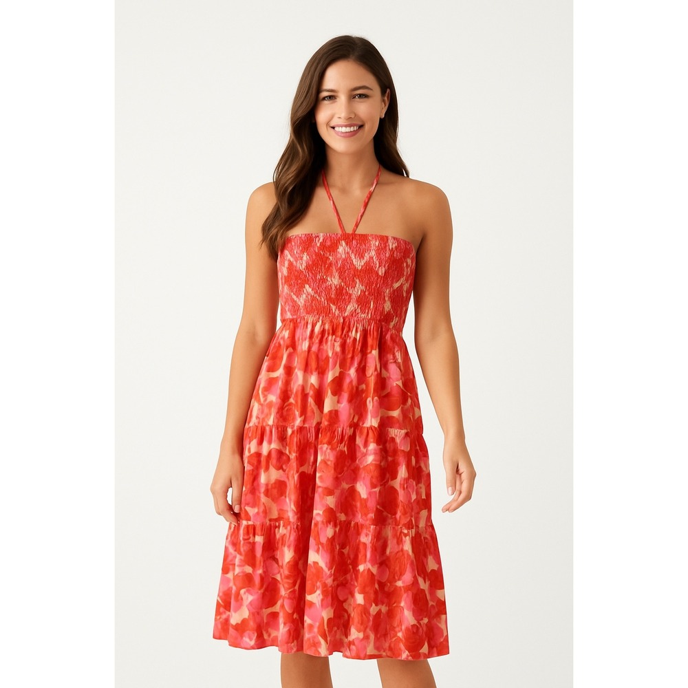 Cupshe Red‎ Floral Smocked Tiered Halter Midi Dress Vacation Resortwear
